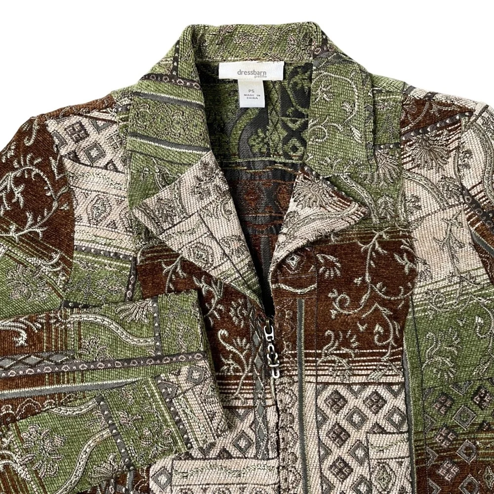 Vintage Patchwork Tapestry Jacket Womens Green Brown Whimsigoth Fairycore Earthy